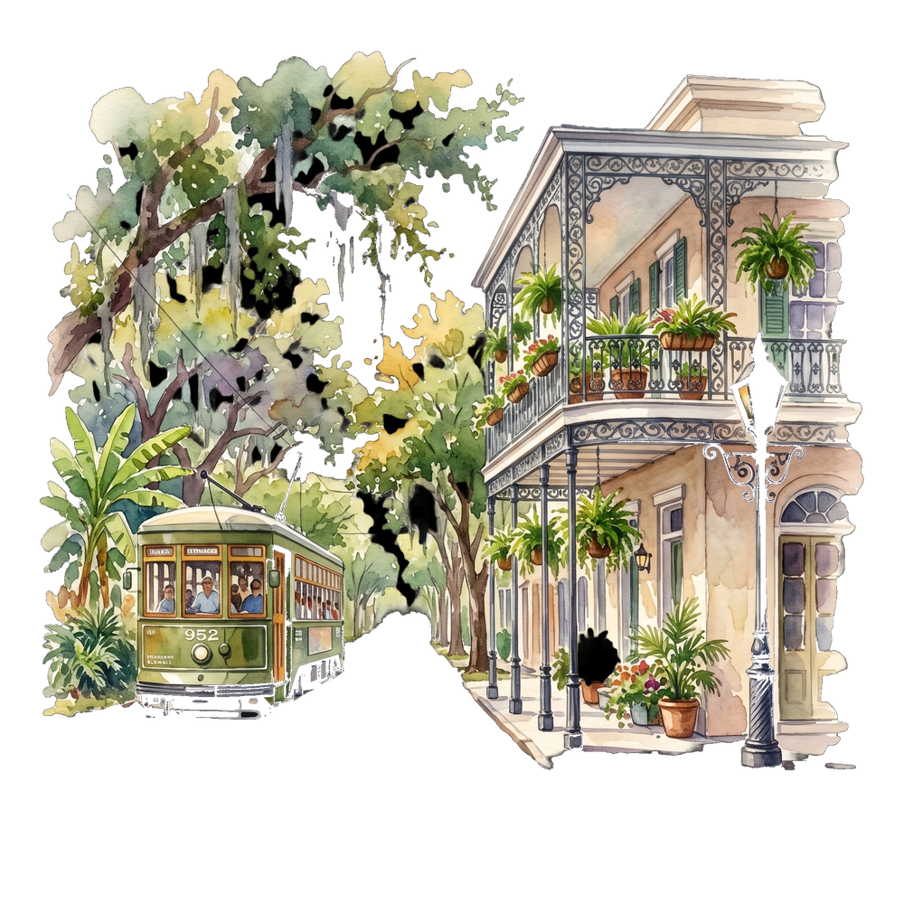 Watercolor illustration of a New Orleans streetcar passing a French Quarter corner with wrought-iron balconies